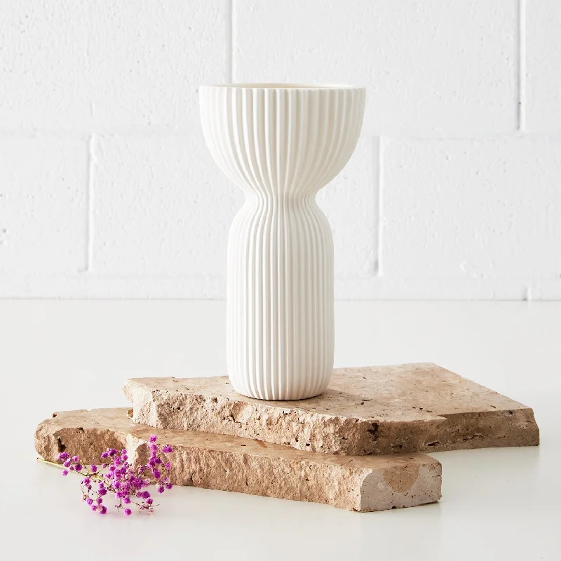 Tall Corrugated Ceramic Vase White