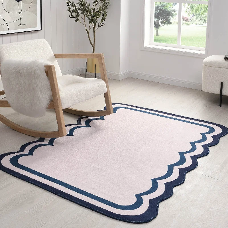 Ella Blue Scalloped Edge Chenille Printed Rug 120 x 160 cm