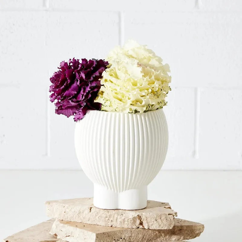 Footed Corrugated Ceramic Vase White