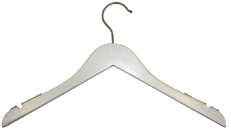 WHITE WOOD TOP HANGER WITH NOTCHES 17" WITH SATIN HOOK PACK 100