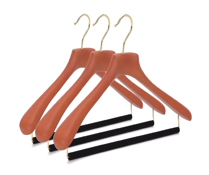 Quality Luxury Curved Wooden Suit Hangers  For Coats And Pants With Velvet Bar Matte Butter Scotch Finish