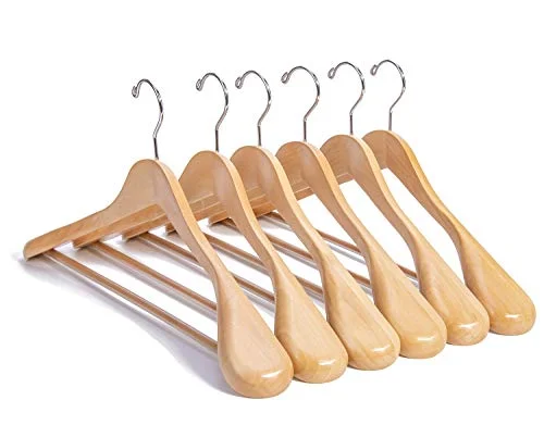 SUNFINE HANGER---Nature Smile Luxury Natural Wooden Suit Hangers - 6 Pack - Wood Coat Hangers,Jacket Outerwear Shirt Hangers,Glossy Finish with Extra-Wide Shoulder, 360 Degree Swivel Hooks & Anti-Slip Bar with Screw