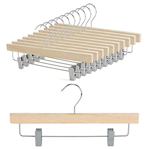 SUNFINE HANGER---Natural Wooden Pants Hangers, High-Grade American Ash Wood Skirt Hanger, Pants Slacks with Metal Anti-Wrinkle Rubber Clips, 10pcs Pack-CTS02