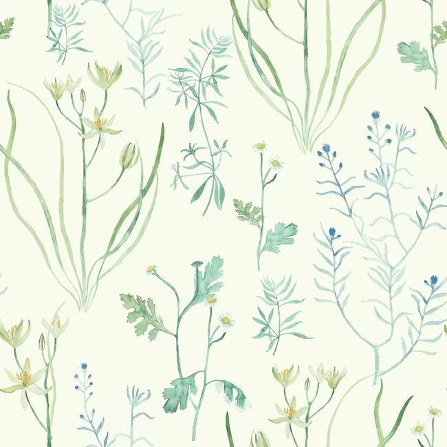 Alpine Botanical Wallpaper in Ivory and Blue from the Norlander Collection