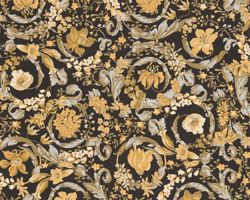 Baroque Damask Textured Wallpaper in Black/Gold from the Versace V Collection