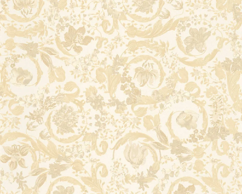 Baroque Damask Textured Wallpaper in Cream/Gold from the Versace V Collection