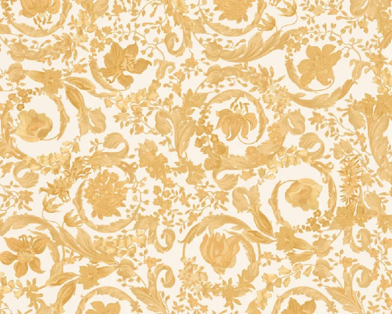 Baroque Damask Textured Wallpaper in Cream/Orange from the Versace V Collection