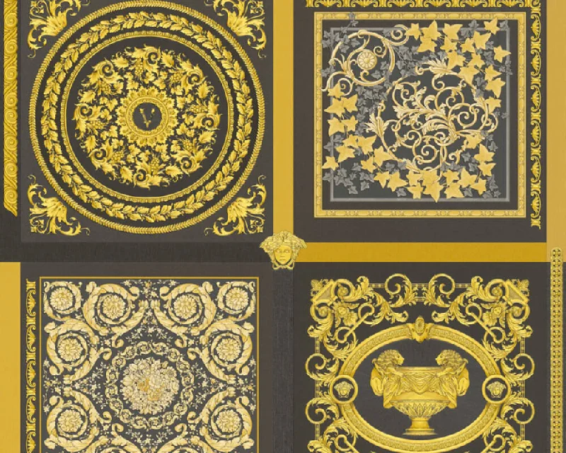 Baroque Squares Textured Wallpaper in Black/Gold from the Versace V Collection