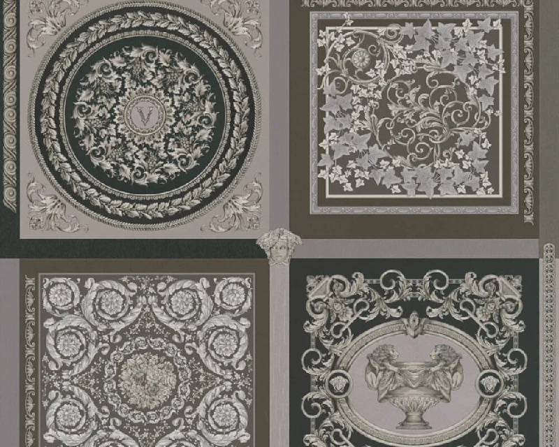 Baroque Squares Textured Wallpaper in Black/Grey from the Versace V Collection