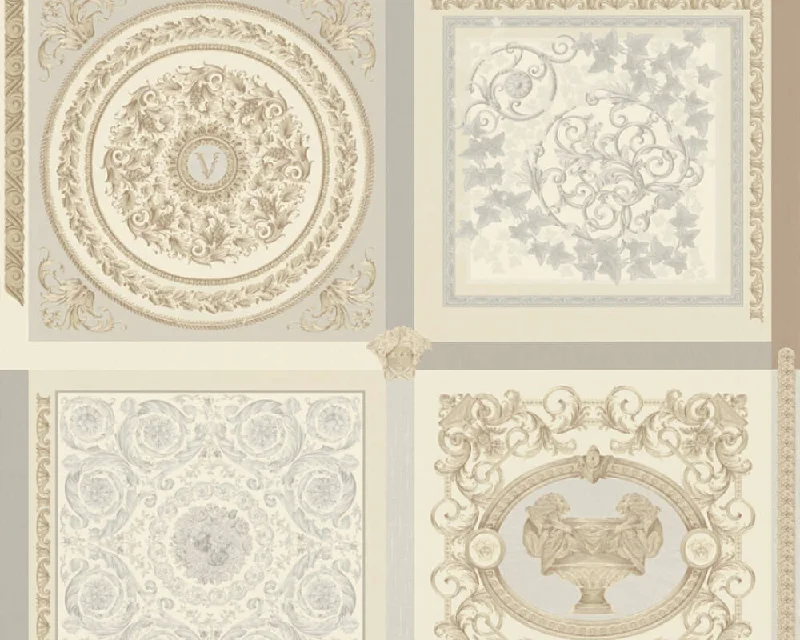 Baroque Squares Textured Wallpaper in Cream/Grey from the Versace V Collection