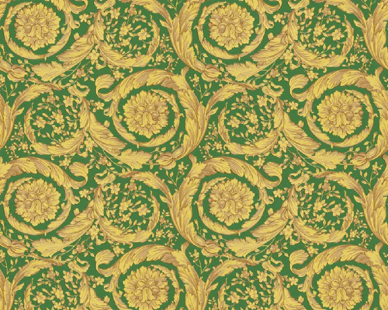 Baroque Textured Damask Wallpaper in Green/Beige from the Versace IV Collection