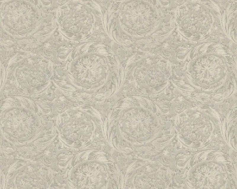 Baroque Textured Damask Wallpaper in Neutrals/Silver from the Versace IV Collection