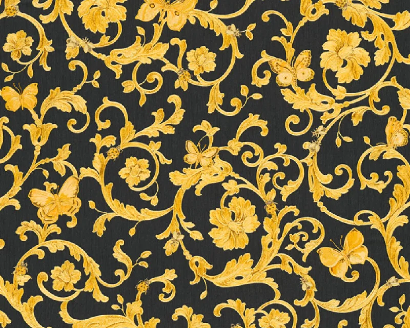 Classic Scrollwork Damask Butterflies Textured Luxury Wallpaper in Black/Gold