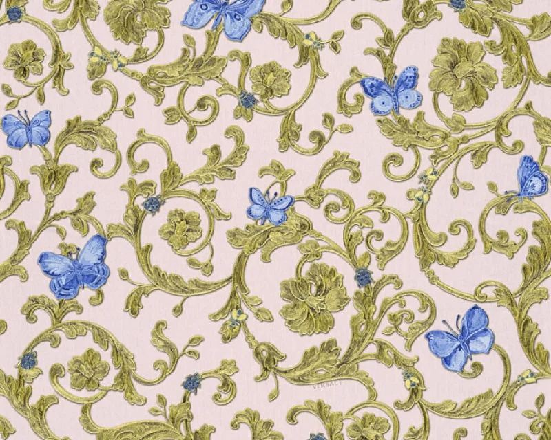 Classic Scrollwork Damask Butterflies Textured Luxury Wallpaper in Blue/Pink