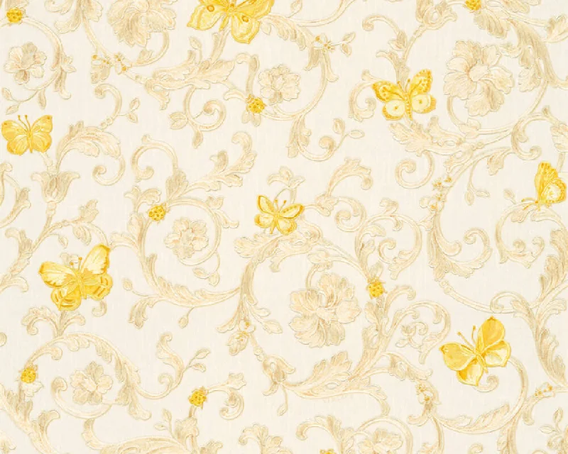 Classic Scrollwork Damask Butterflies Textured Luxury Wallpaper in Cream/Gold