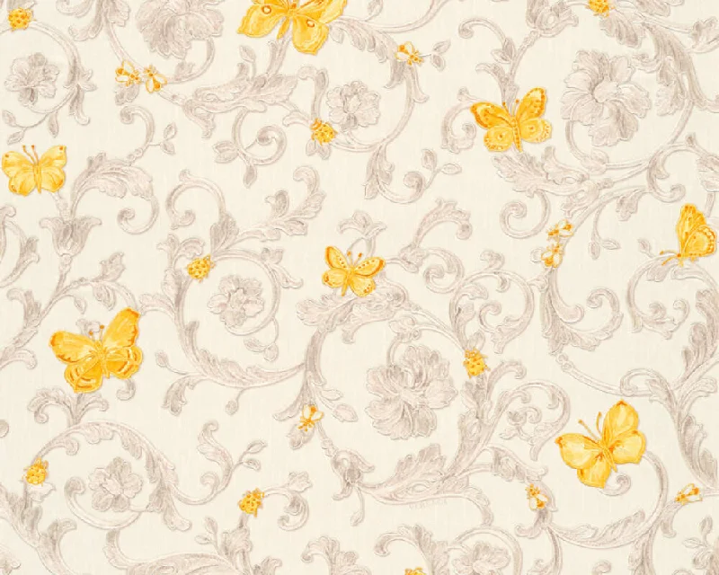 Classic Scrollwork Damask Butterflies Textured Luxury Wallpaper in Cream/Yellow