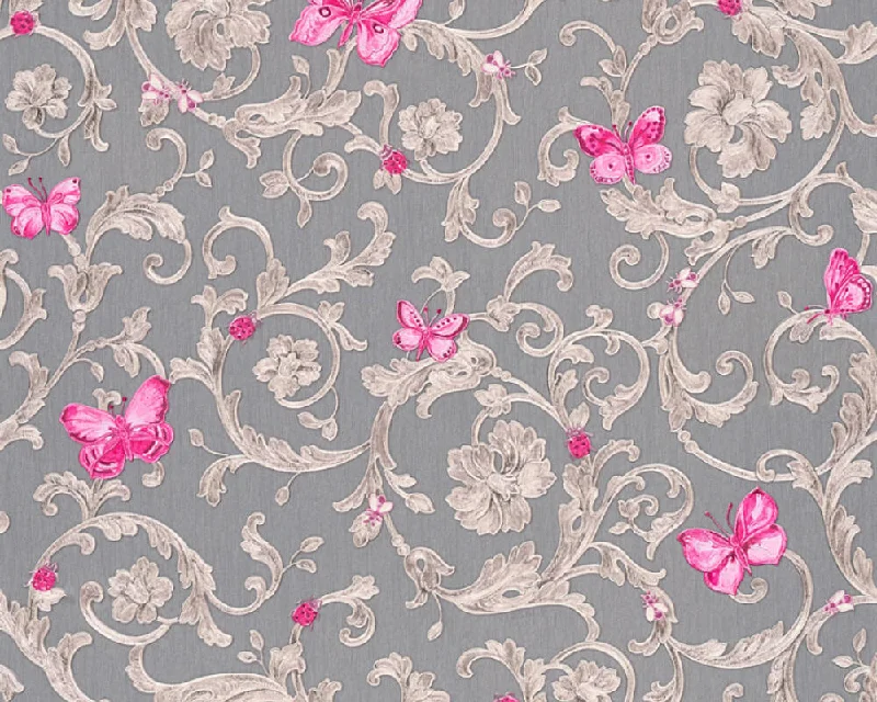 Classic Scrollwork Damask Butterflies Textured Luxury Wallpaper in Grey/Purple