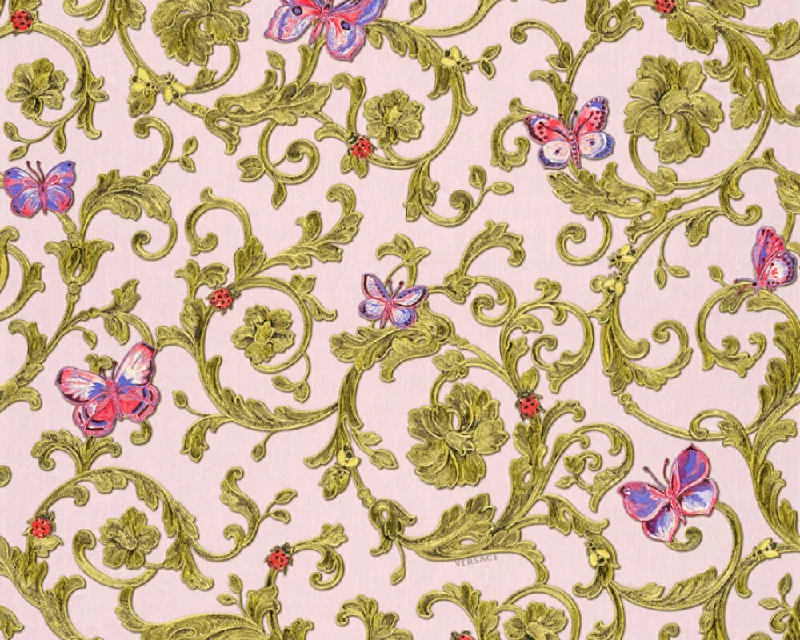 Classic Scrollwork Damask Butterflies Textured Luxury Wallpaper in Pink/Gold