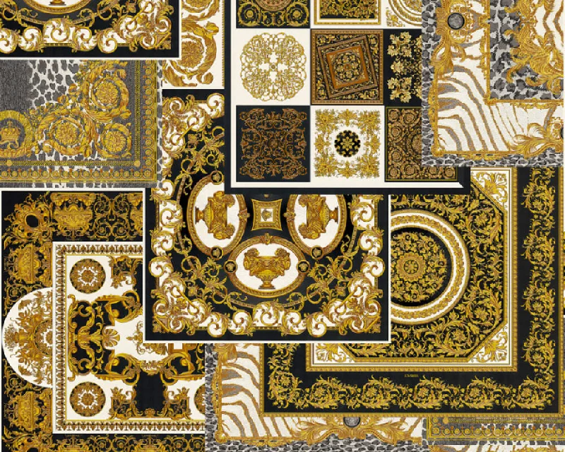 Classical Deco Textured Damask Wallpaper in Black/Gold from the Versace IV Collection