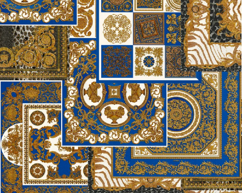 Classical Deco Textured Damask Wallpaper in Blue/Gold from the Versace IV Collection