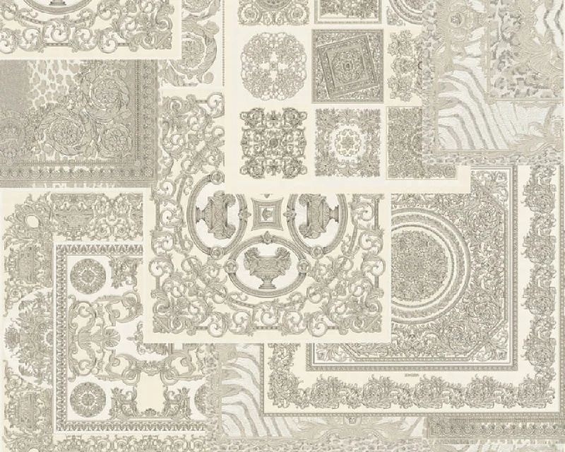 Classical Deco Textured Damask Wallpaper in Grey/Metallic from the Versace IV Collection