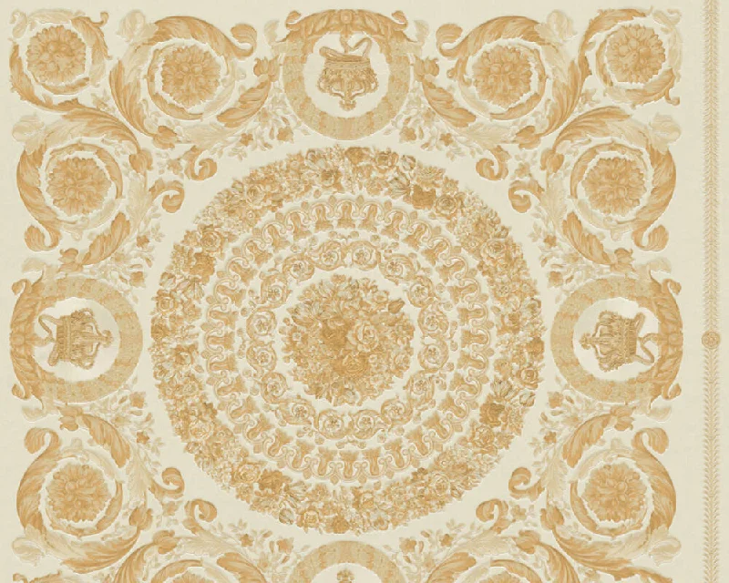 Classical Tile Baroque Textured Wallpaper in Gold/Cream from the Versace IV Collection