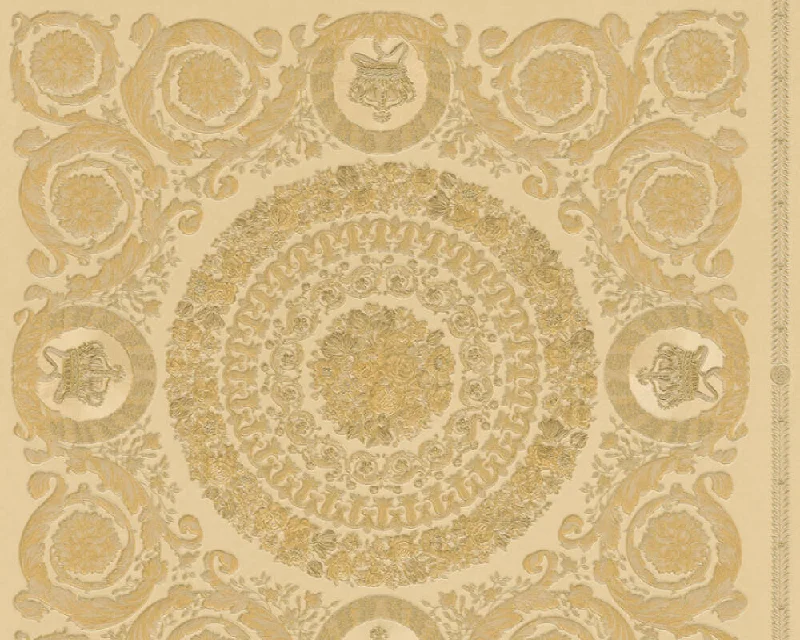 Classical Tile Baroque Textured Wallpaper in Gold from the Versace IV Collection