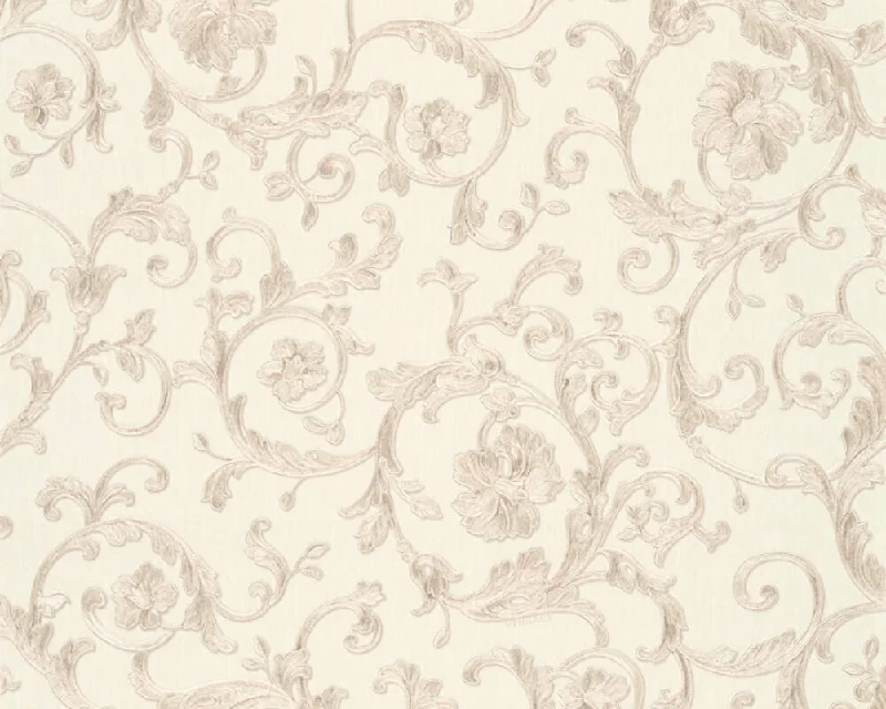 Damask Scrollwork Floral Textured Luxury Wallpaper in Beige/Metallic