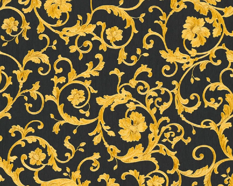 Damask Scrollwork Floral Textured Luxury Wallpaper in Black/Gold