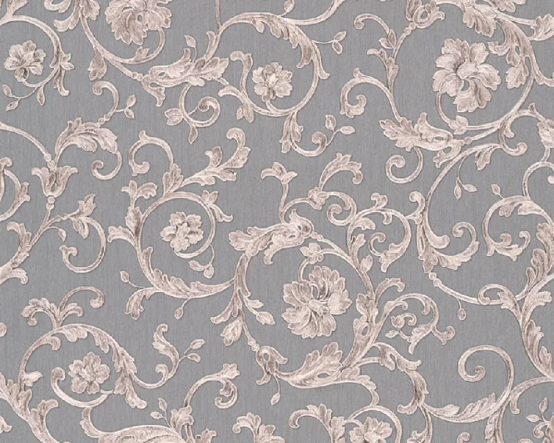 Damask Scrollwork Floral Textured Luxury Wallpaper in Grey/Metallic