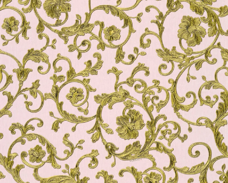 Damask Scrollwork Floral Textured Luxury Wallpaper in Pink/Gold