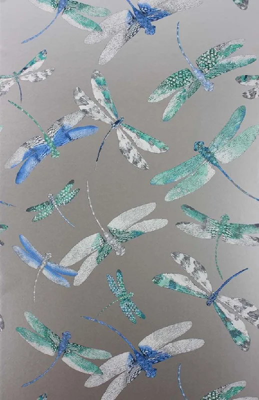 Dragonfly Dance Wallpaper in Blue and Metallic Silver from the Samana Collection