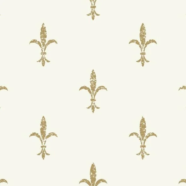 Fleur De Lis Wallpaper in White and Gold from the 24 Karat Collection