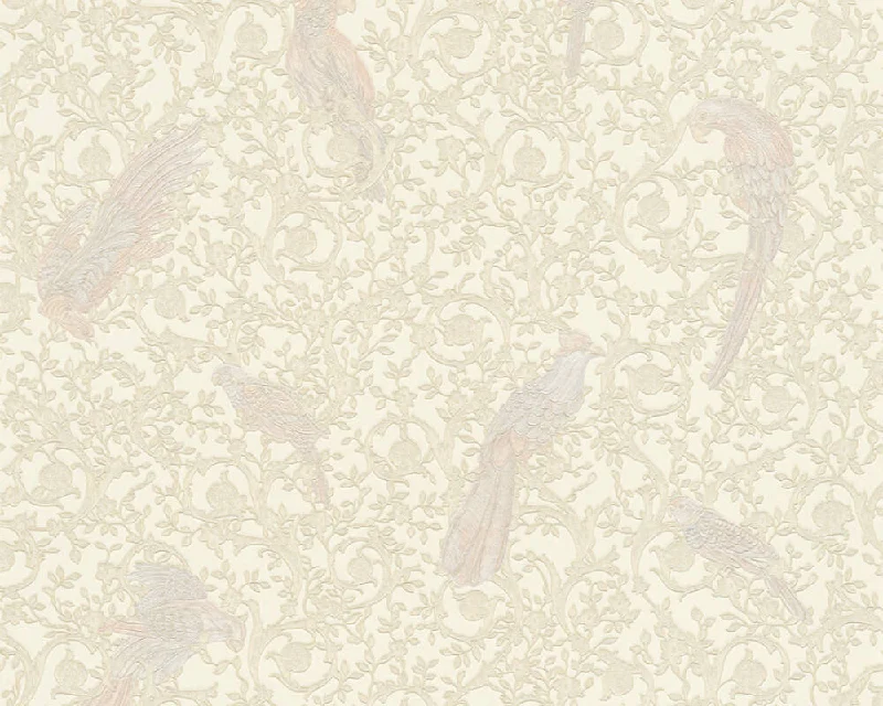 Floral Bird Scrollwork Textured Wallpaper in Beige/Cream from the Versace IV Collection