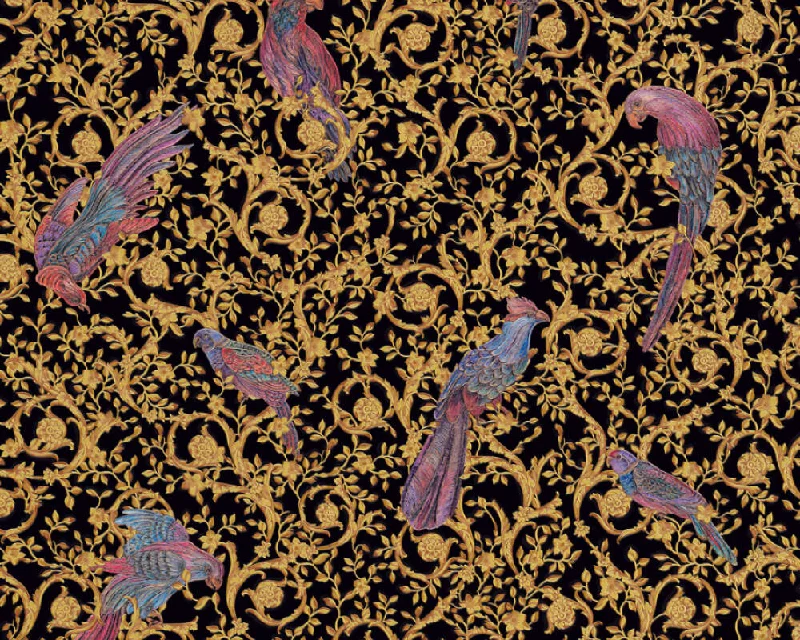 Floral Bird Scrollwork Textured Wallpaper in Black/Gold from the Versace IV Collection