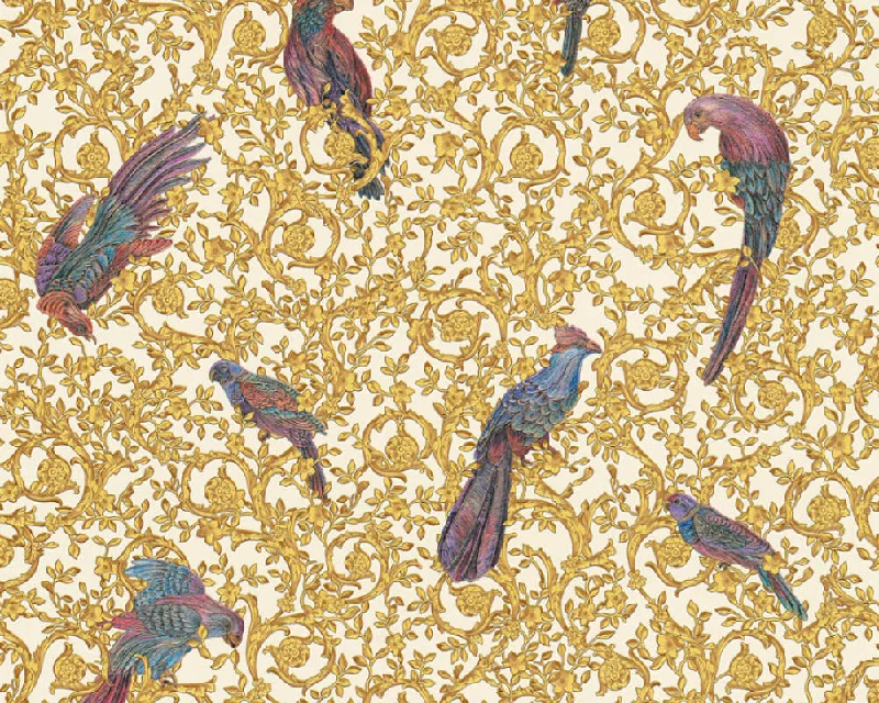 Floral Bird Scrollwork Textured Wallpaper in Gold/Cream from the Versace IV Collection