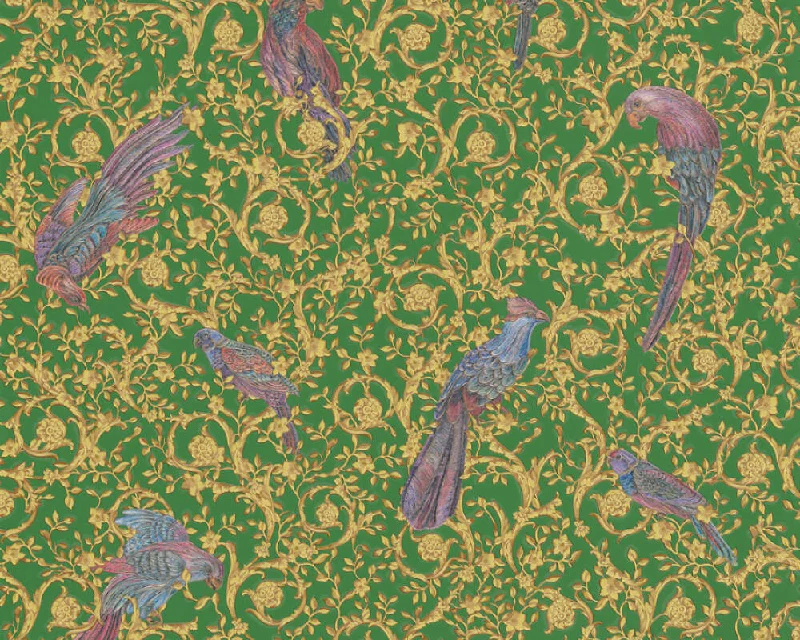 Floral Bird Scrollwork Textured Wallpaper in Green/Gold from the Versace IV Collection