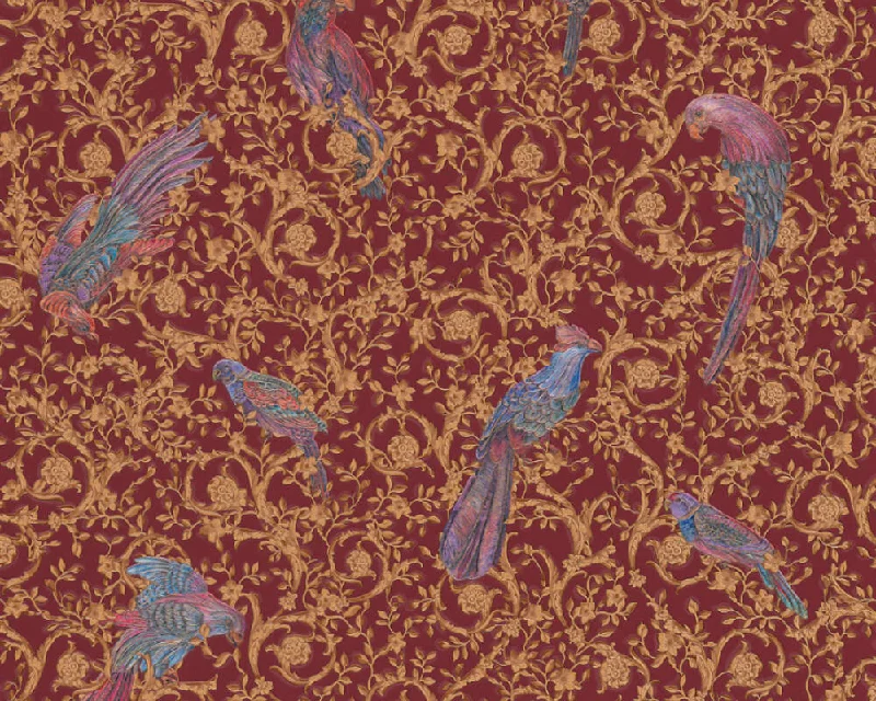 Floral Bird Scrollwork Textured Wallpaper in Red/Gold from the Versace IV Collection