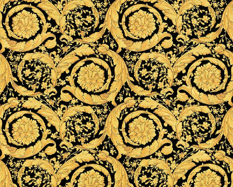 Floral Swirl Textured Wallpaper in Black/Gold from the Versace IV Collection