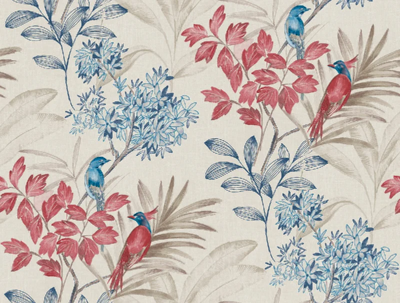 Handpainted Songbird Wallpaper in Red/Blue from the Handpainted Traditionals Collection