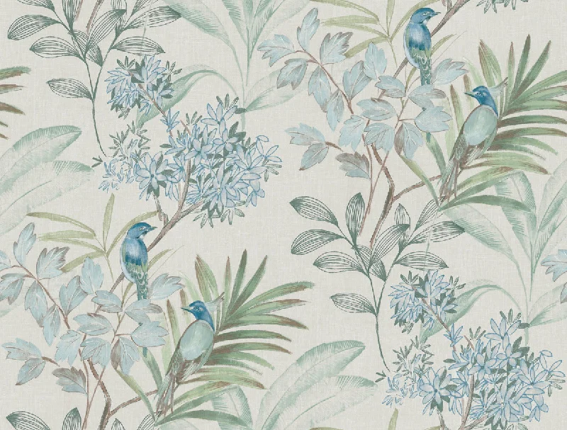 Handpainted Songbird Wallpaper in Turquoise from the Handpainted Traditionals Collection