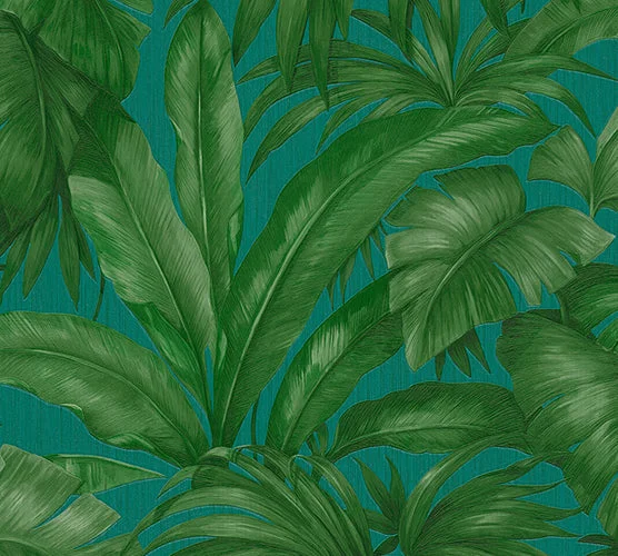 Jungle Palm Leaves Textured Wallpaper in Blue/Green from the Versace V Collection