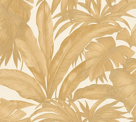 Jungle Palm Leaves Textured Wallpaper in Cream/Gold from the Versace V Collection