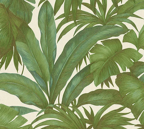 Jungle Palm Leaves Textured Wallpaper in Cream/Green from the Versace V Collection