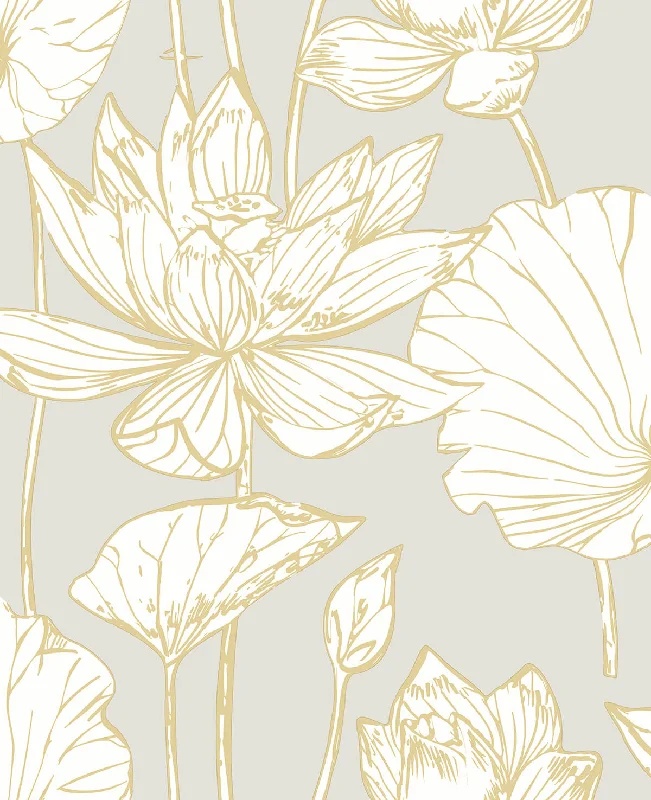 Lotus Floral Peel-and-Stick Wallpaper in Gold and Grey