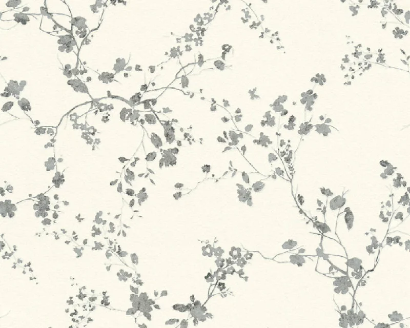 Mea Cottage Floral Wallpaper in White, Metallic, and Black by BD Wall