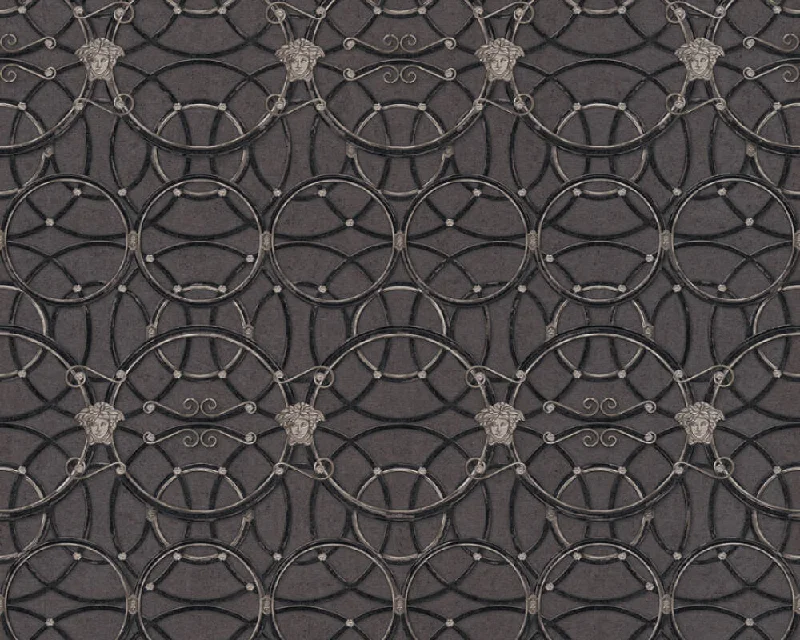 Modern Geometric Textured Wallpaper in Black/Silver from the Versace IV Collection