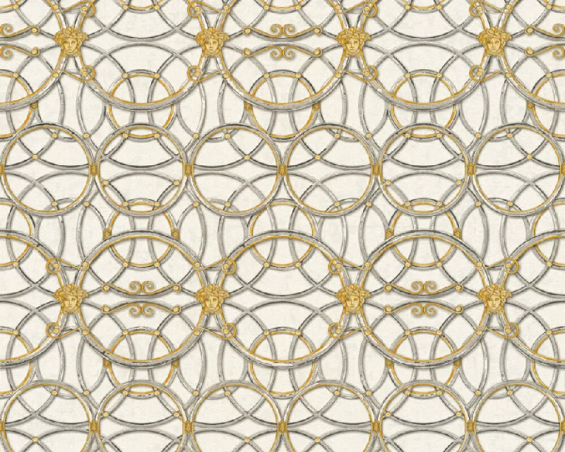 Modern Geometric Textured Wallpaper in Grey/Ivory/Gold from the Versace IV Collection