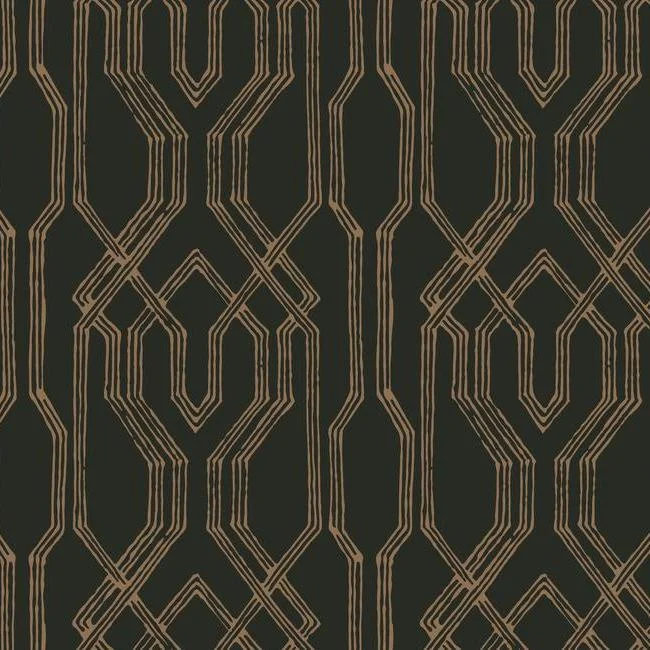 Oriental Lattice Wallpaper in Black and Gold from the Tea Garden Collection