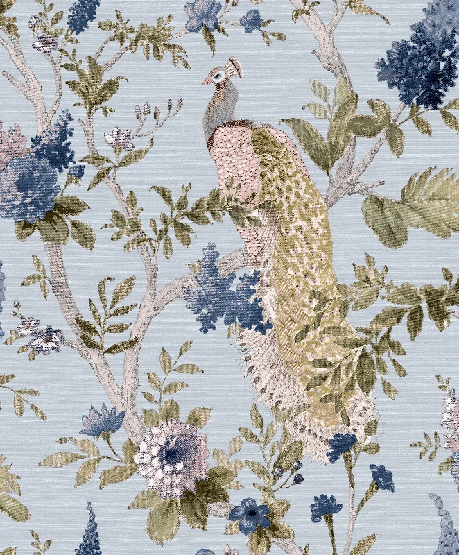 Pavone Platino Blue/Gold Wallpaper from Cottage Chic Collection